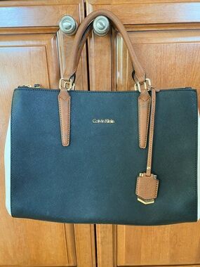 Calvin Klein Black and Brown Saffiano Satchel